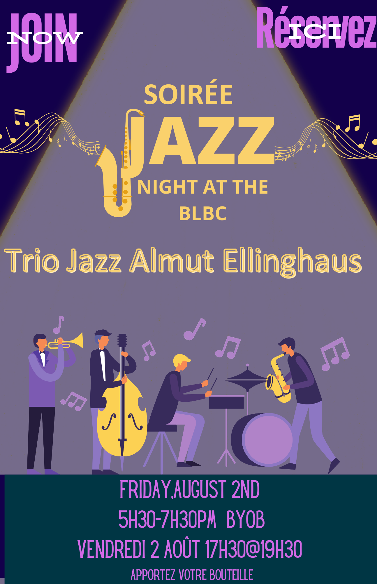 Soirée Jazz au CNLB - le Trio Jazz Almut Ellinghaus - vendredii le 2 août de 17h30-19h30; apportez votre propre bouteille